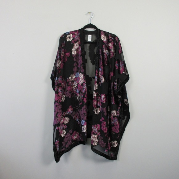 J Jill Burnout Floral Kimono Robe Women OS Black Purple Velvet Sheer Boho 274 - Picture 1 of 9